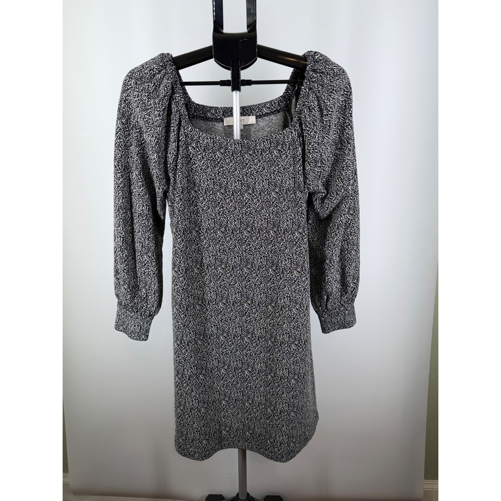 LOFT Womens Square Neck Long Sleeve Knit Mini Dress Black White Size M